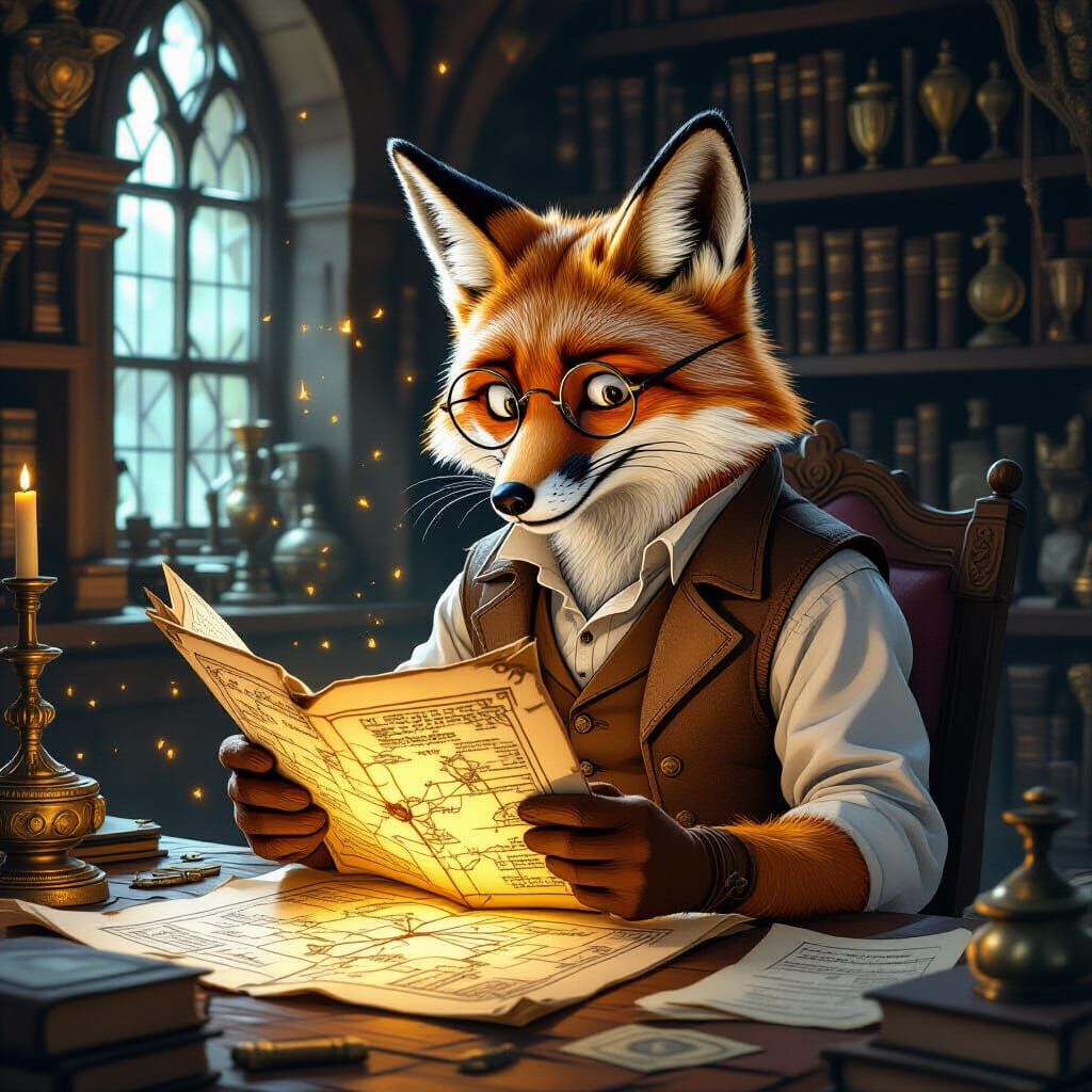 Fox Scholar Studies Glowing Map in Dusty Study