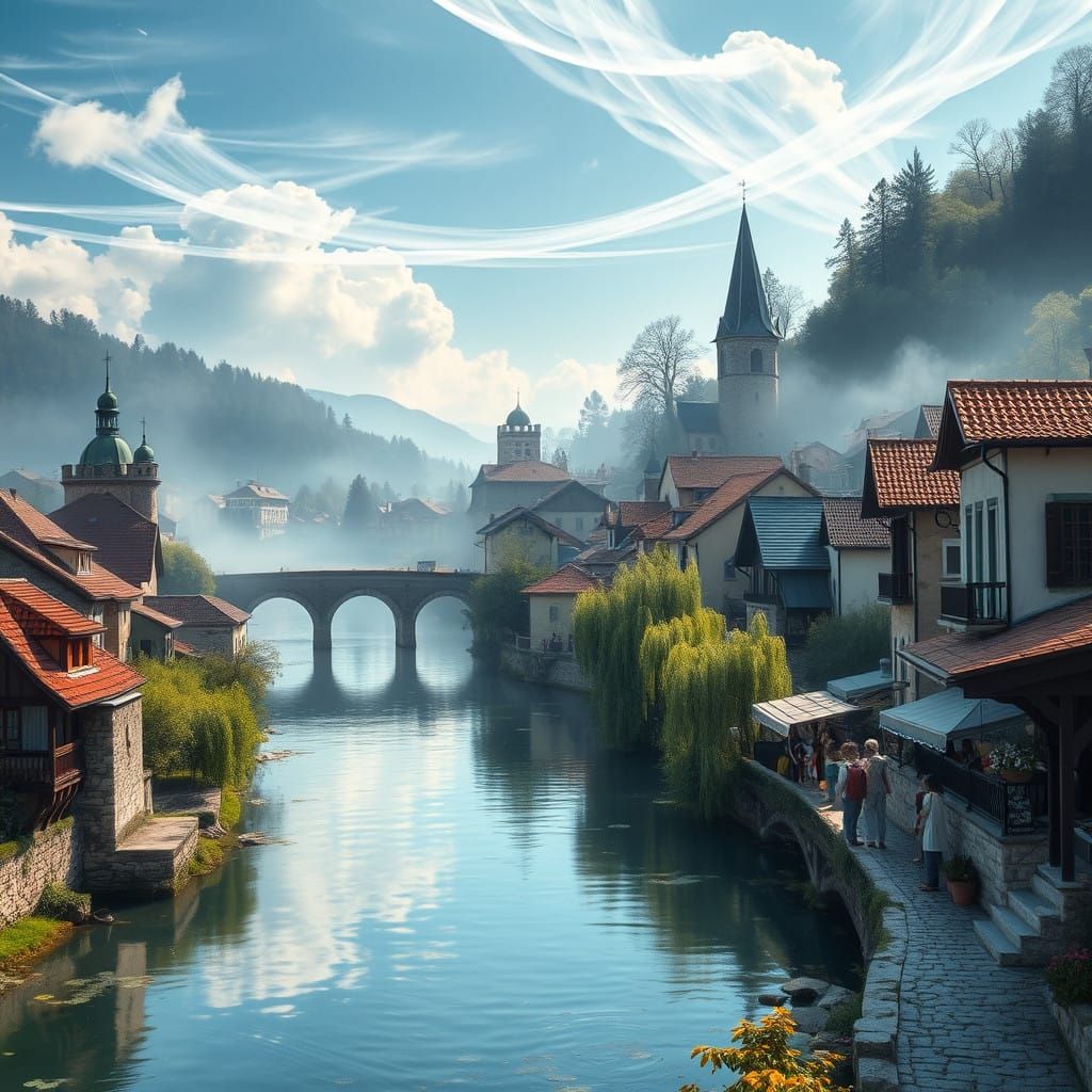 Misty Riverscape of Ancient Balkan Town