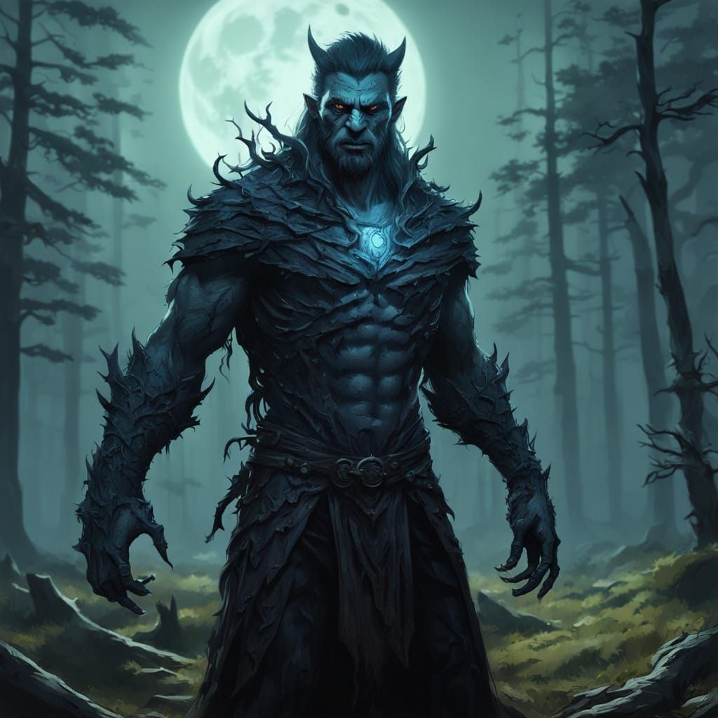 Brooding Vampire Werewolf in Moonlit Forest