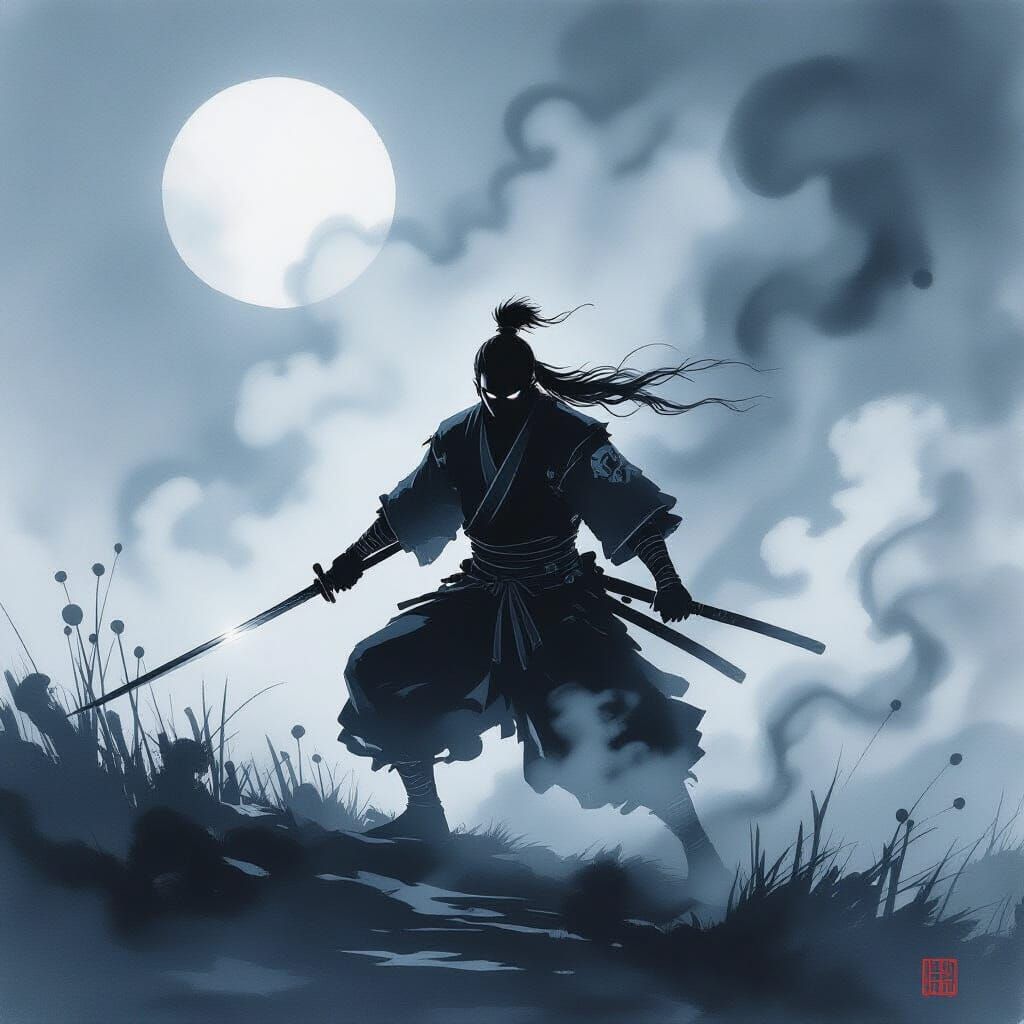 Ninja Echoes in Misty Japanese Ink Wash Style