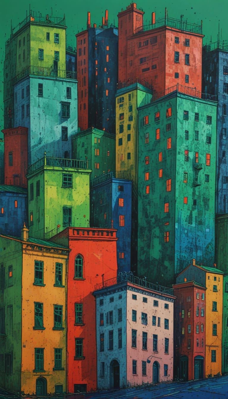 Vibrant Urban Metropolis in Expressive Ink Style