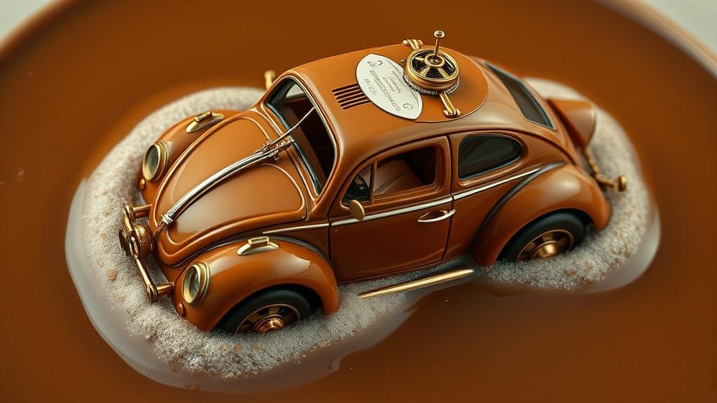 Steampunk VW Beetle Submerged in Golden Hot Chocolate