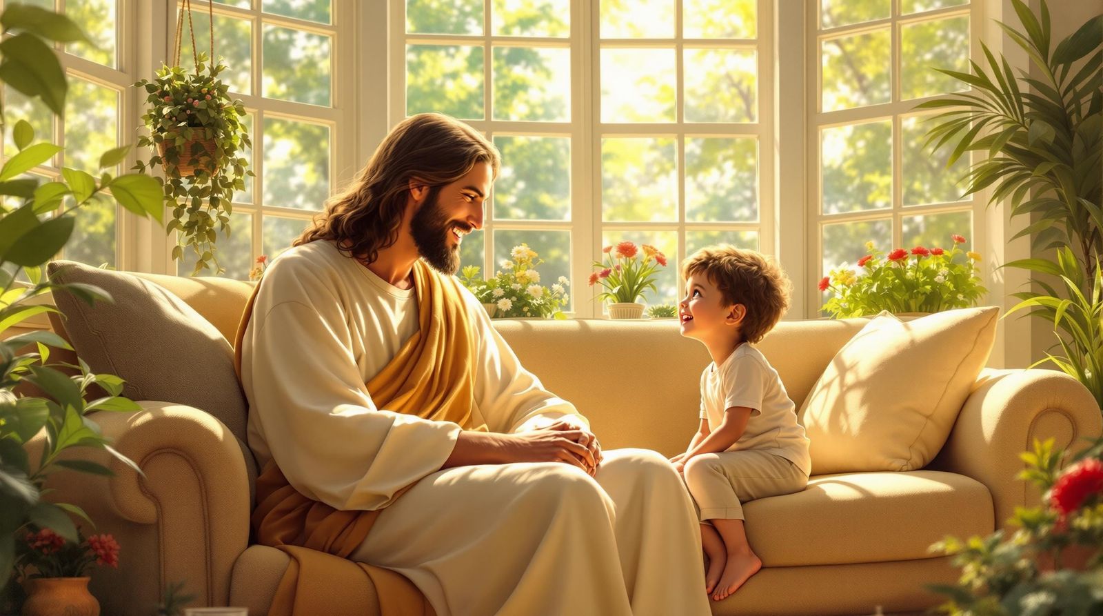 Jesus Chatting With a Child in Sunny Room