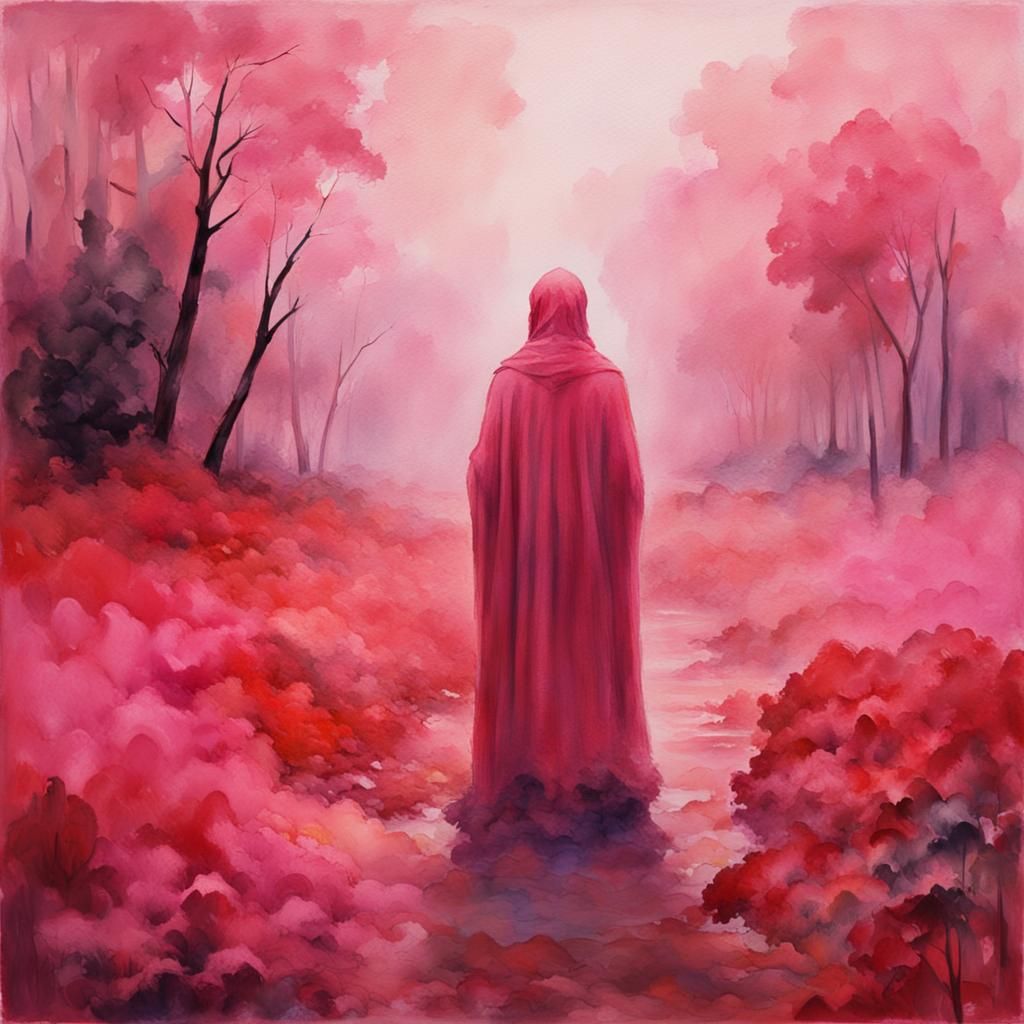 Mysterious Pink Figure in Gouache Style