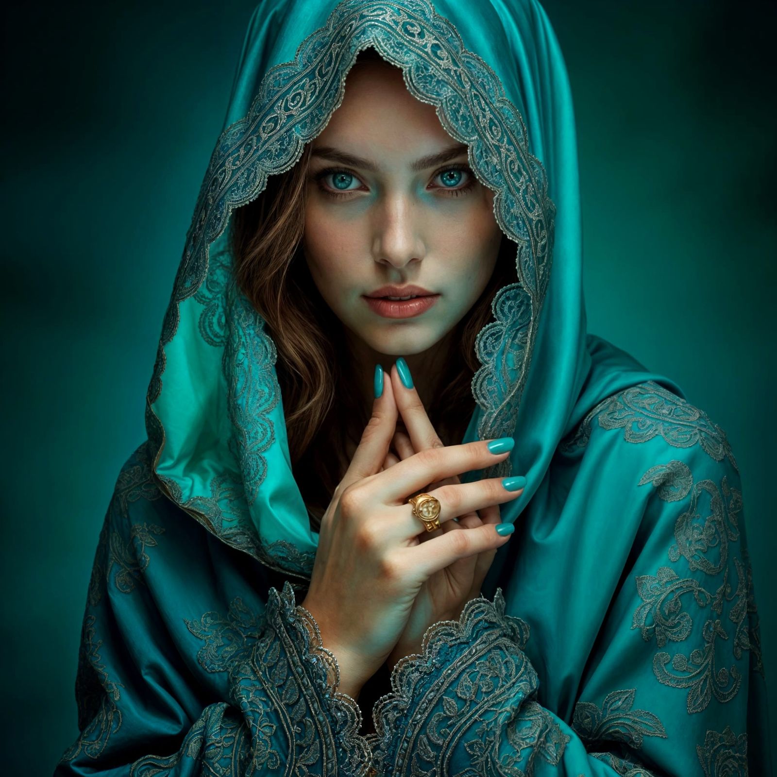 Luminescent Turquoise Hooded Woman Portrait