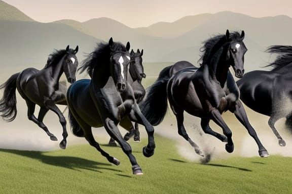 Black Horses Galloping: Hyperrealistic Pencil Sketch