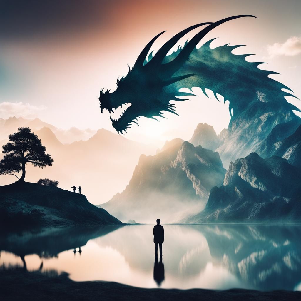 Fantasy Dragon Double Exposure Landscape Art