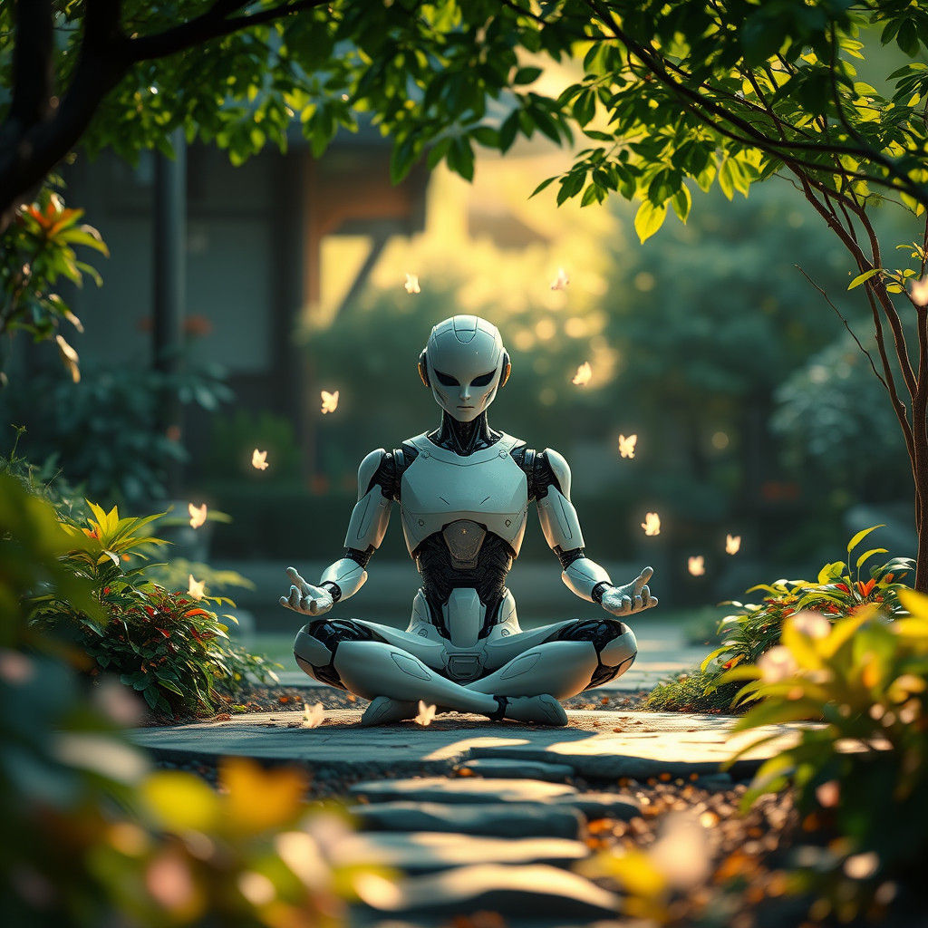 Android Meditating in Japanese Garden with Kodamas