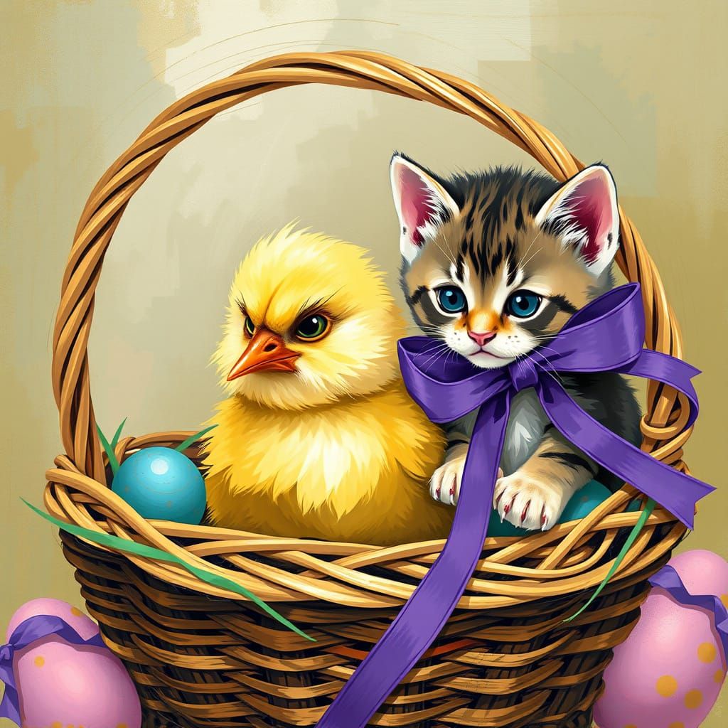 A grumpy easter chick in an easter basket. Next to kitten wi...