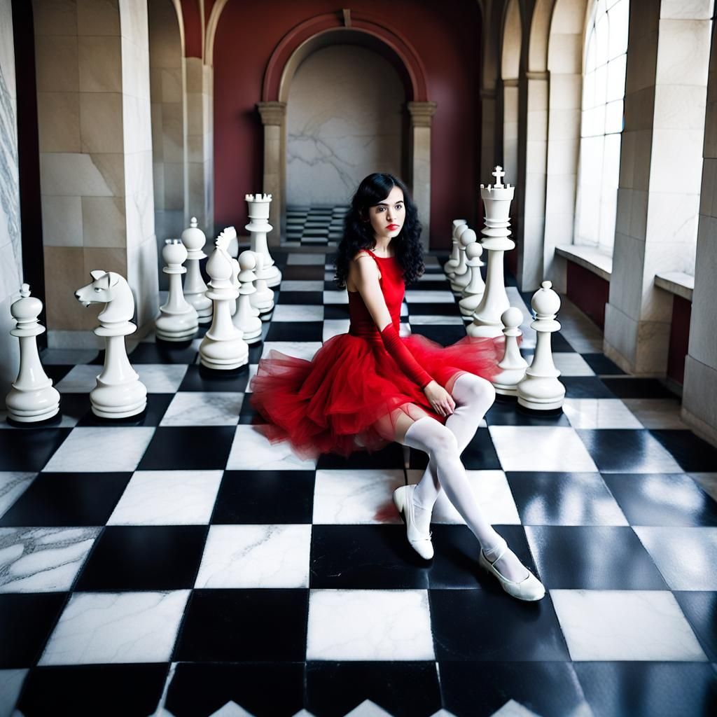 Woman in Red Dress Among Giant Chess Pieces
