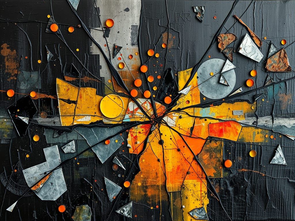 Dramatic Prismatic Glass Shattering in Textured 3D Collage A...