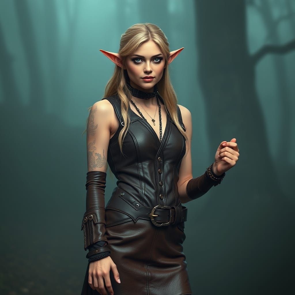 Ethereal Gothic Steampunk Elf in Leather Attire