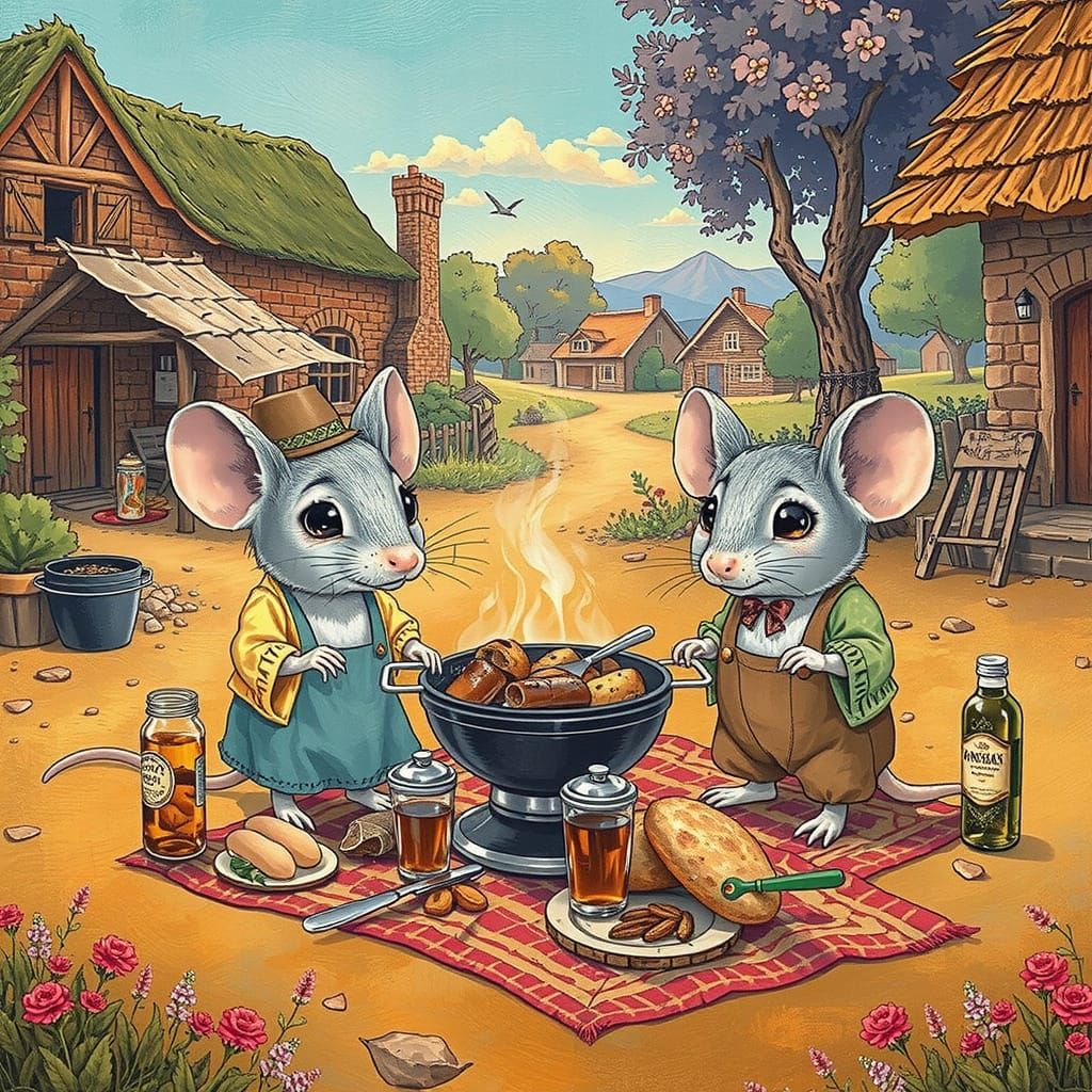 Mice Braai Picnic in Surreal 3D Cartoon Style