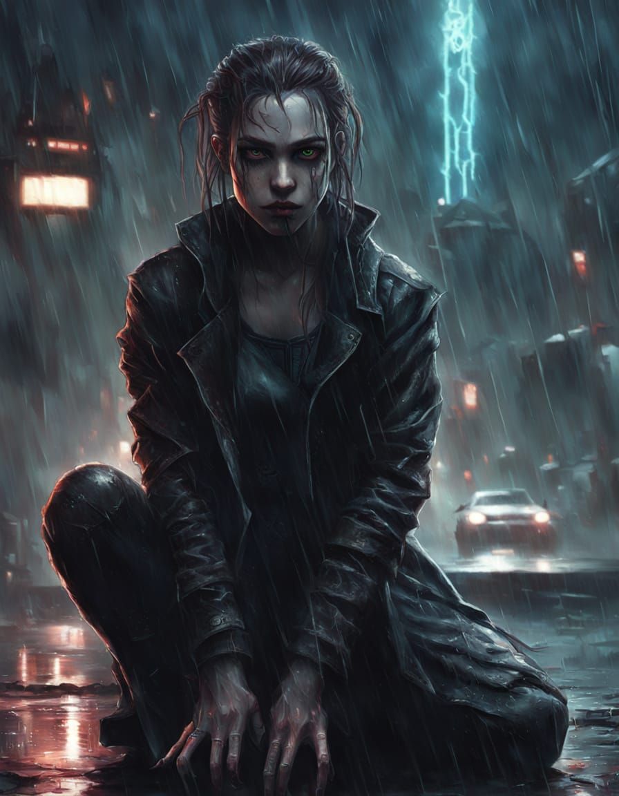 Cyberpunk Vampire Goddess in Dark Rainy Night