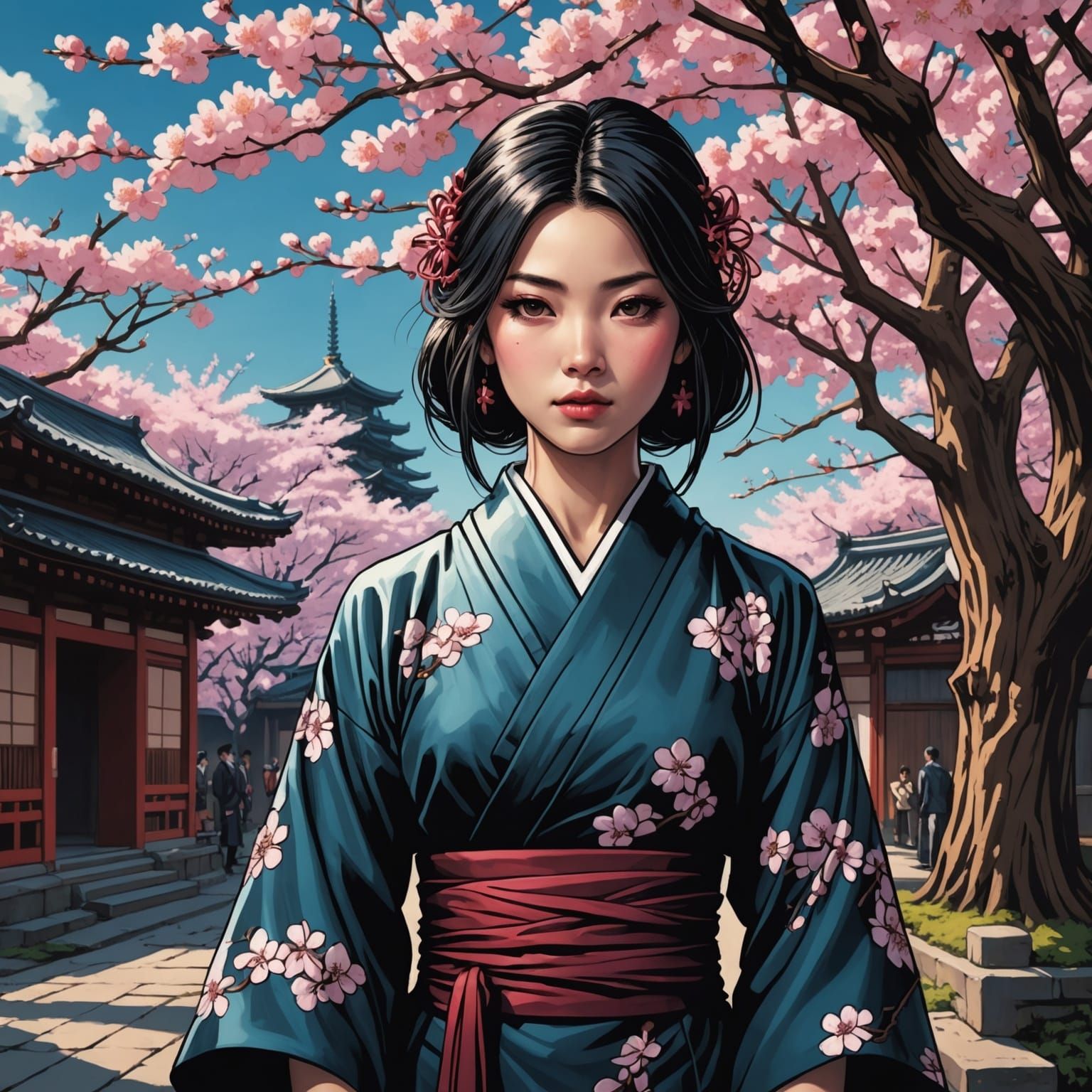 Japanese Gothic Girl with Cherry Blossoms in Comic Art