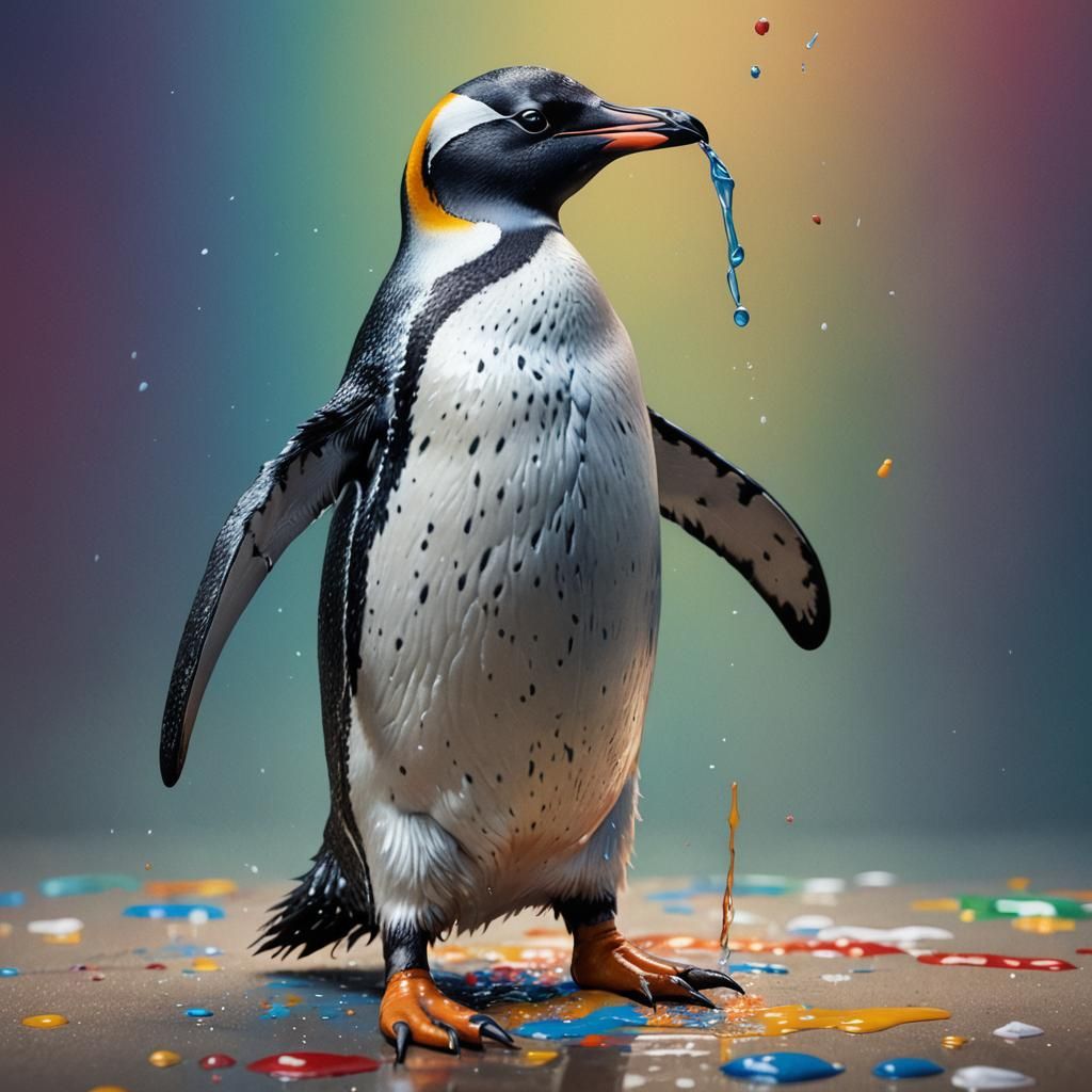 Penguin Holding Pen in Hyperrealistic Splash Art