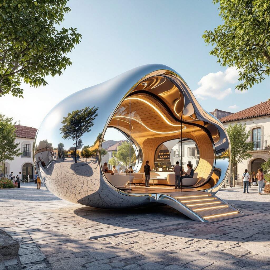 Futuristic Chrome Selling Pod in Rural Portugal