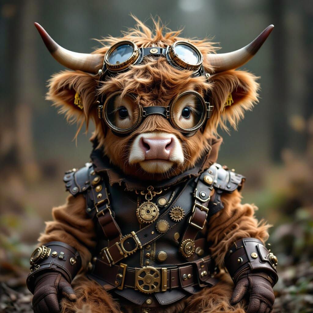 Steampunk Baby Highland Cow in Elaborate Outfit