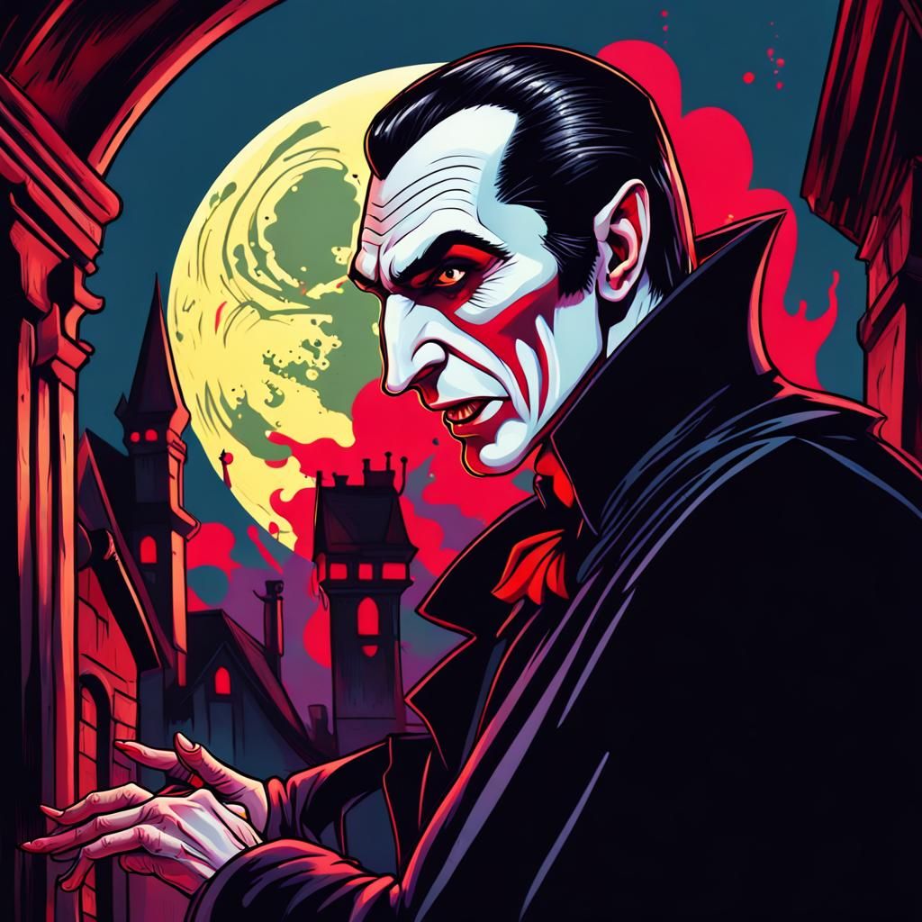 Gothic Count Dracula Prey in Victorian Village Under Full Mo...