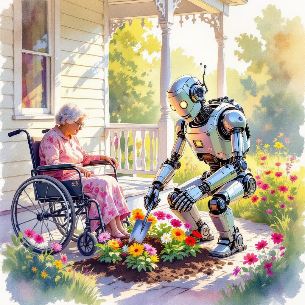 Robot Tends Garden for Elderly Woman in Watercolor Style