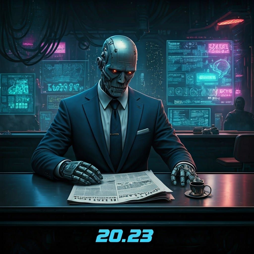 Android Reads Newspaper in Cyberpunk Cityscape