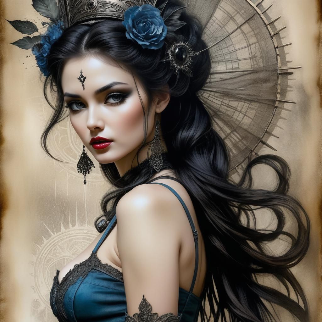 Surreal Dark Fantasy Maiden with Skullflowers Dress