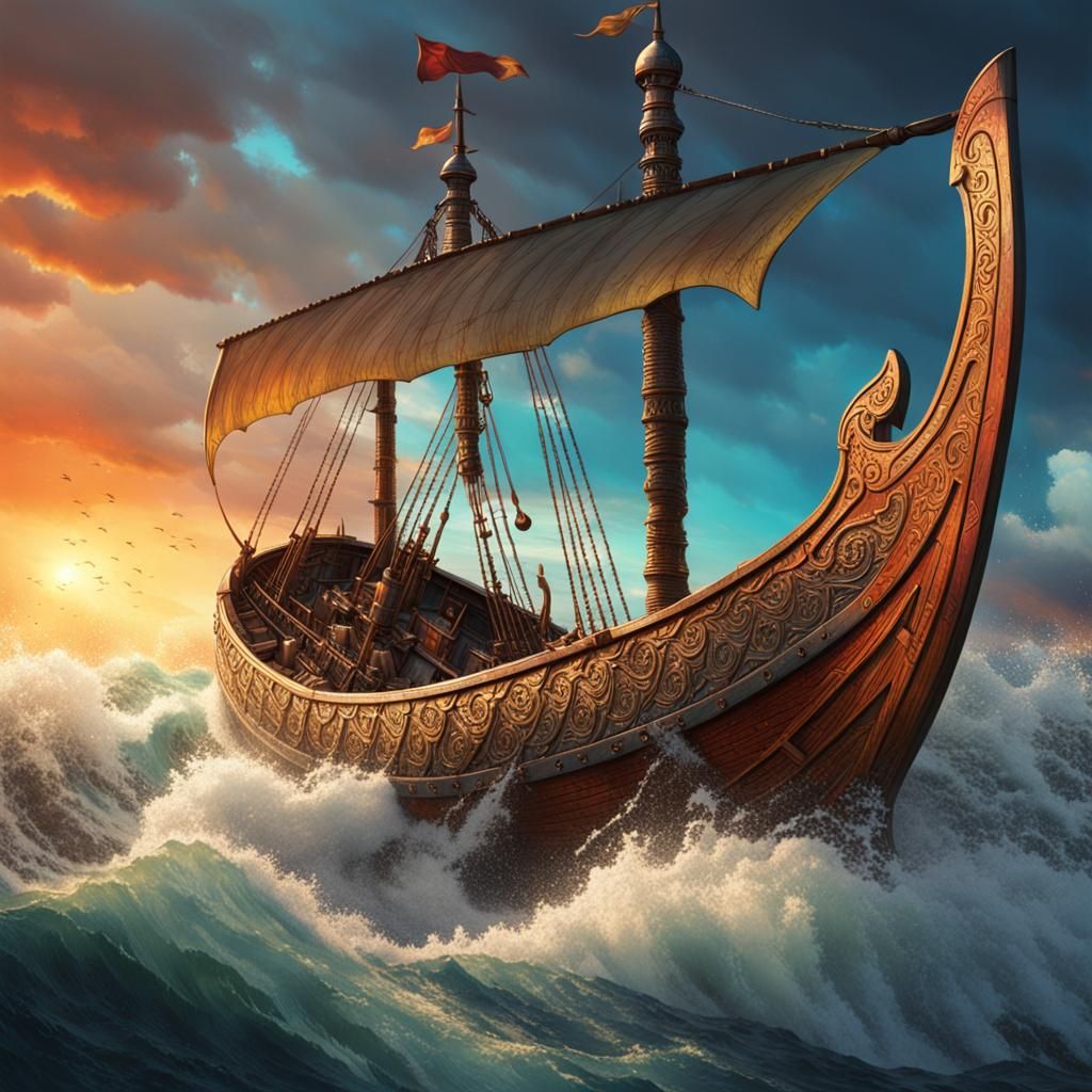 Detailed Viking Ship Concept Art in Splash Art Style