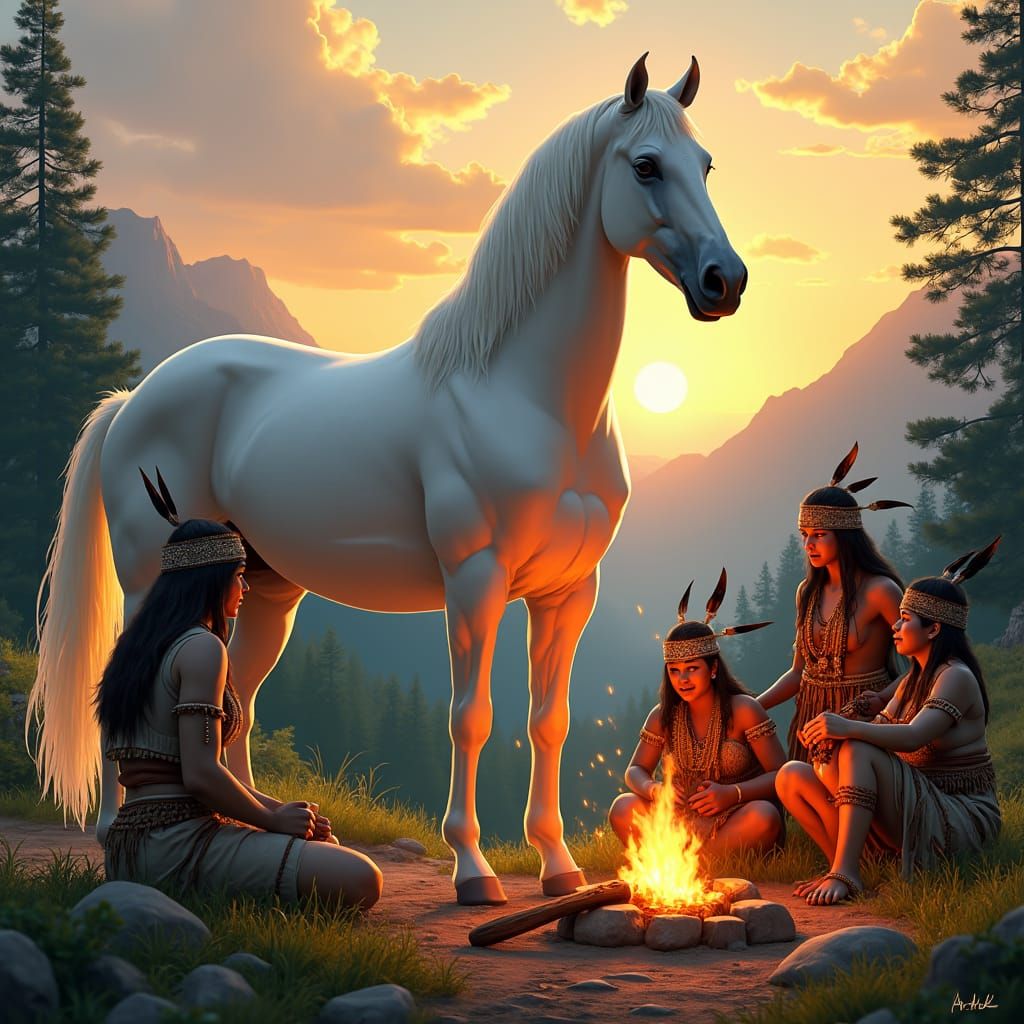 Majestic White Horse with Native Americans, Hyperrealistic S...