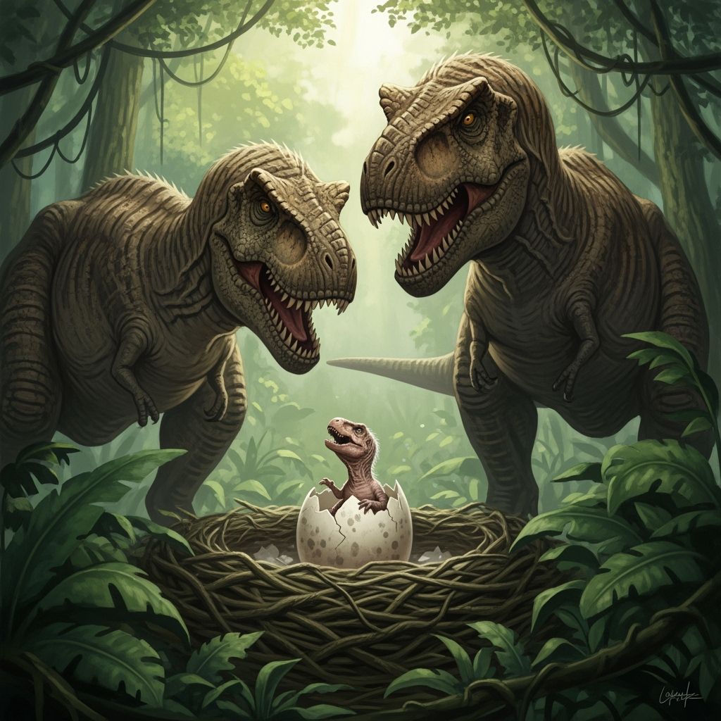 Baby T-Rex Hatching in Jungle, Digital Painting