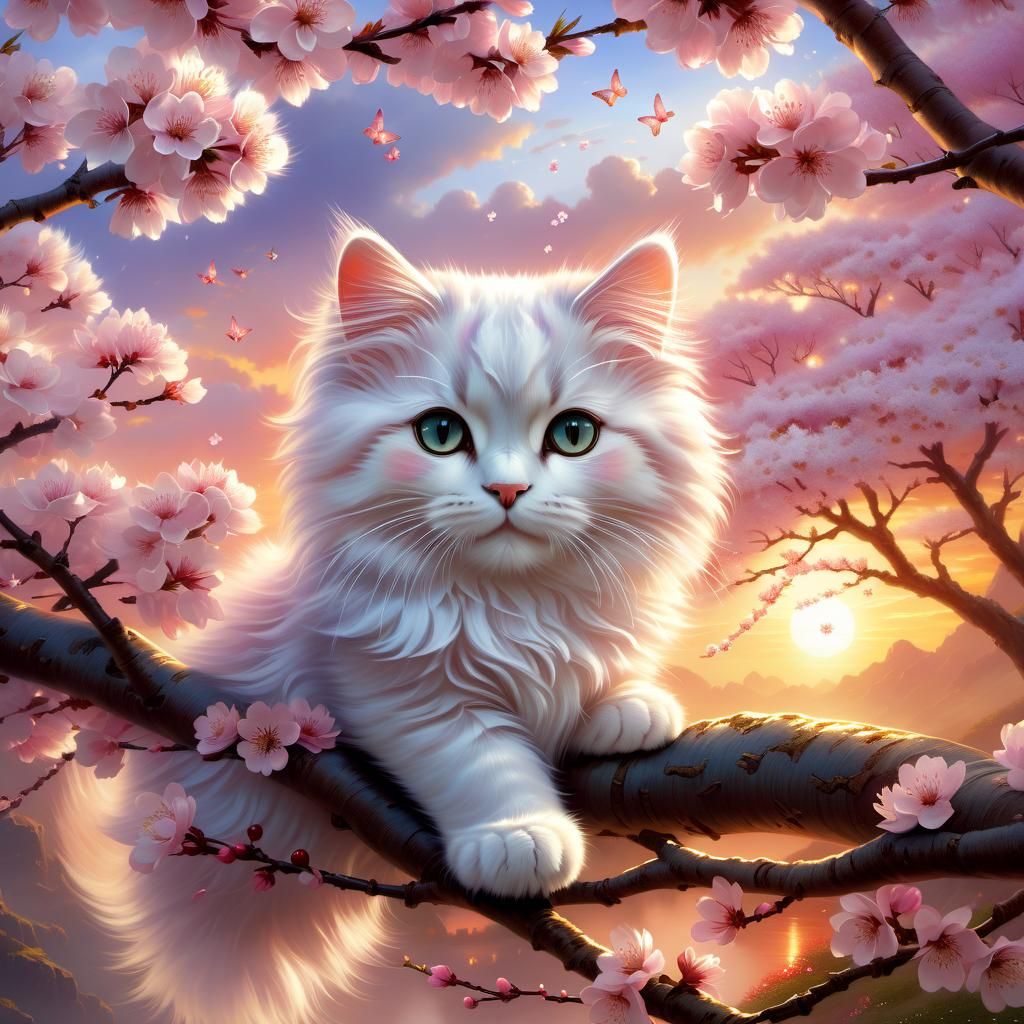 Adorable fluffy cat in a cherry blossom tree at sunset