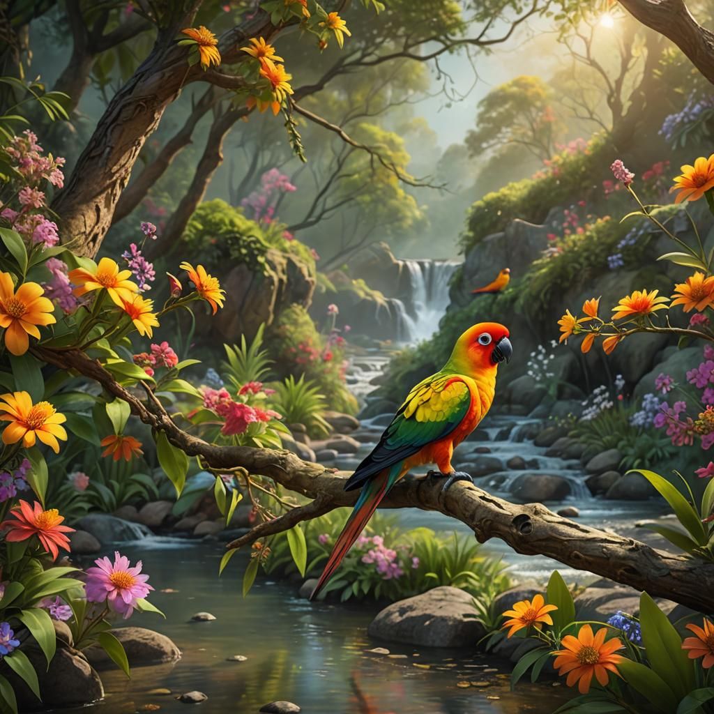 Sun Conure in Fantasy Landscape Concept Art
