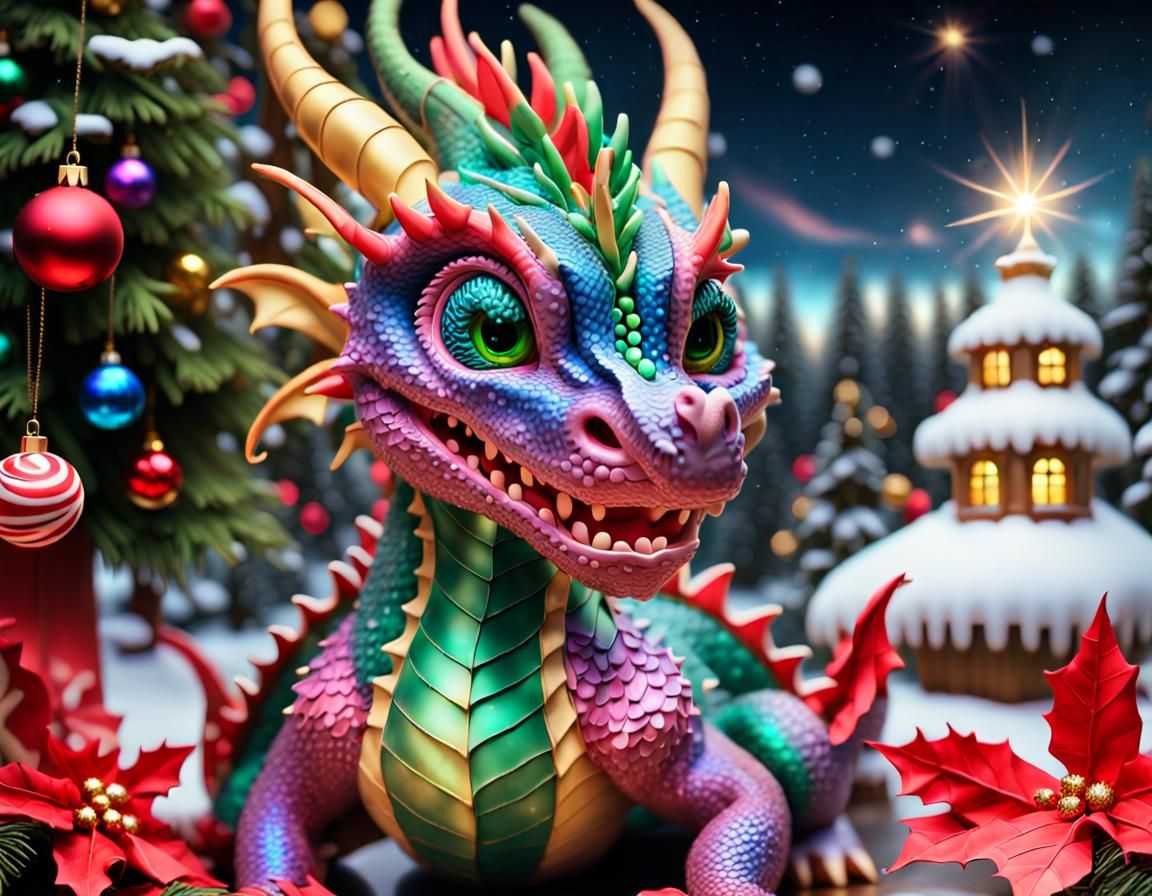 Festive Christmas Dragon in a Snowy Rainforest