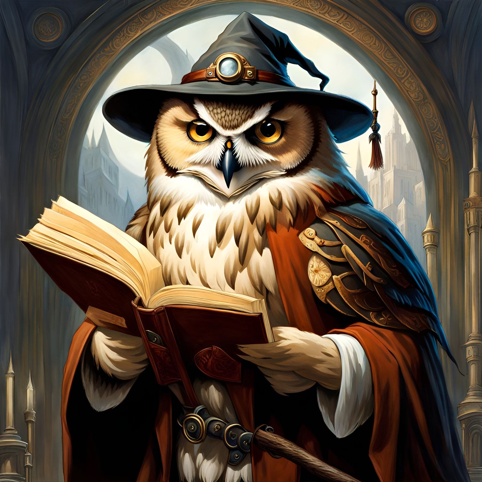 Detailed Owl Wizard Portrait in Gouache Style