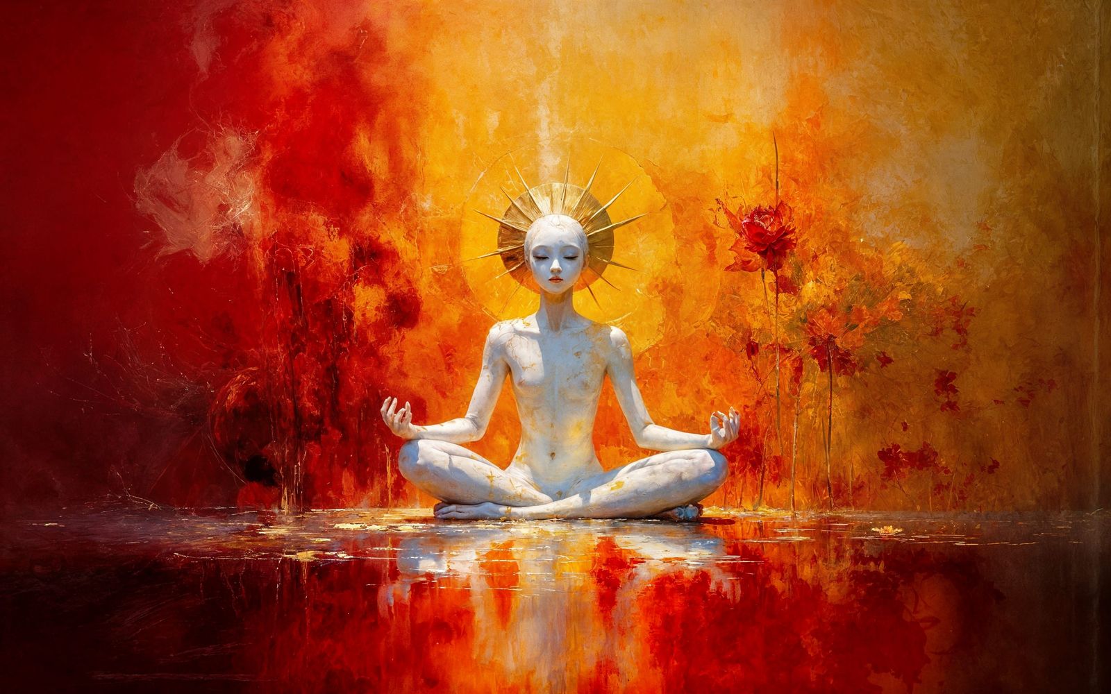 Figure with Golden Halo Praying on Crimson River