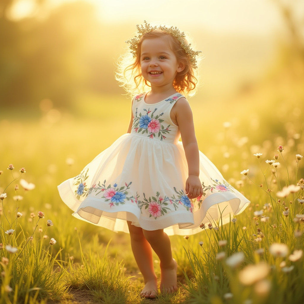 Girl in Floral Dress Dancing in Meadow, Impressionistic Styl...
