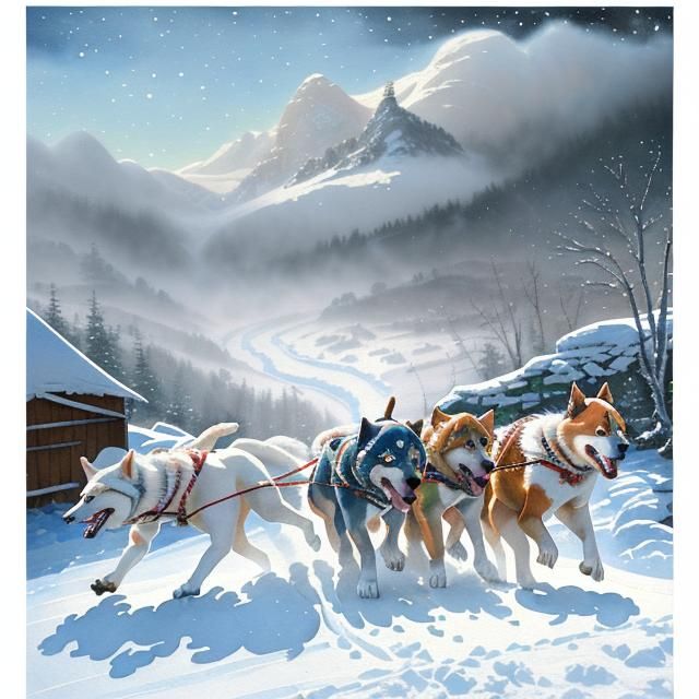 Dog Sled Race in Gouache and Watercolor Style