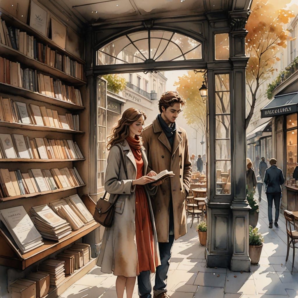 Parisian Bookshop Scene in Watercolor and Ink Style