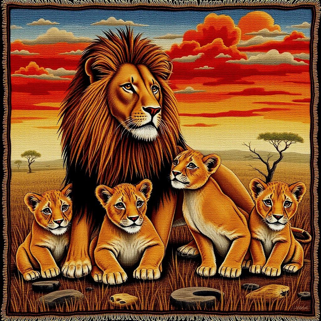 Surreal Lion Family Amidst African Savannah Woven Tapestry