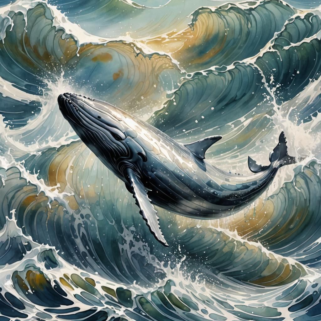 Majestic Metallic Whale Breaching: Silver Splash Art