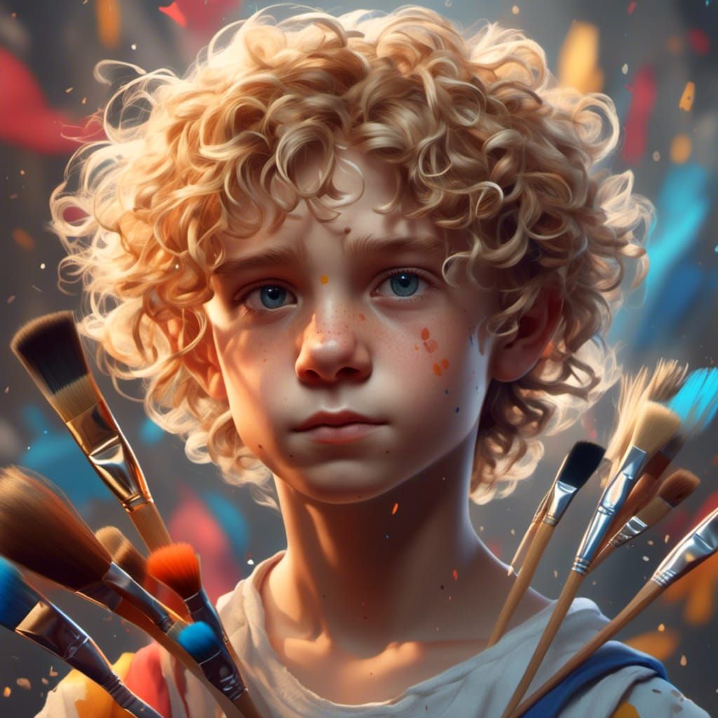 Boy with Brushes: Hyperdetailed Portrait in Art Nouveau Styl...