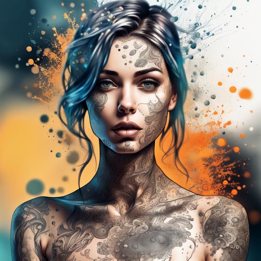 Beautiful revealing tattooed female portrait,  hyper detaile...