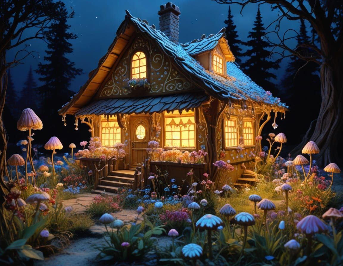 Bioluminescent Gingerbread House With Strange Flowers in Viv...