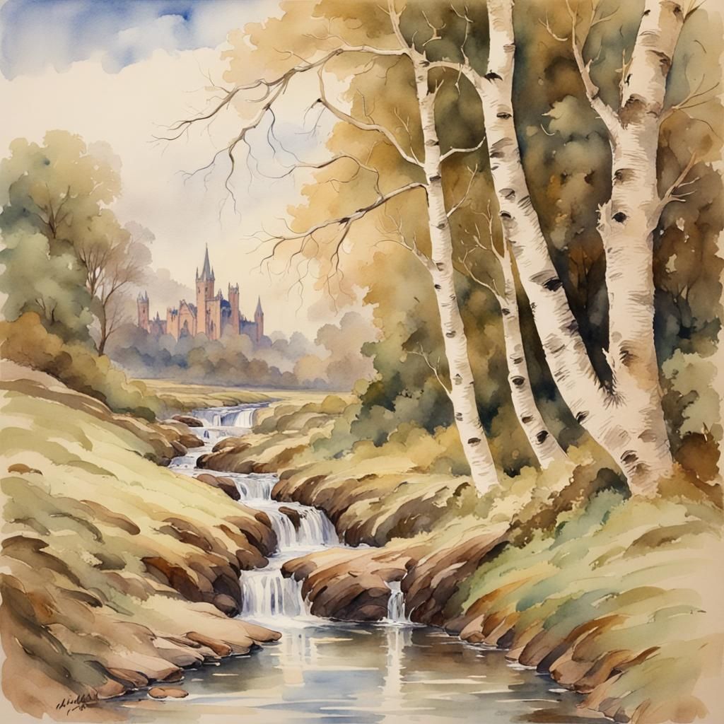 Victorian Watercolour Painting of Stream and Ruined Abbey