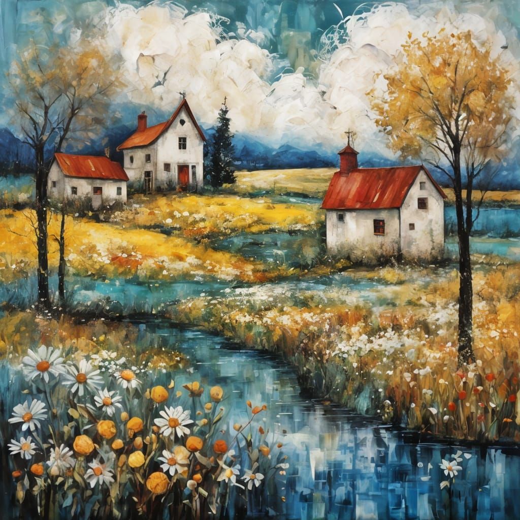 Summer and Winter Dyptich in Primitive Encaustic Style