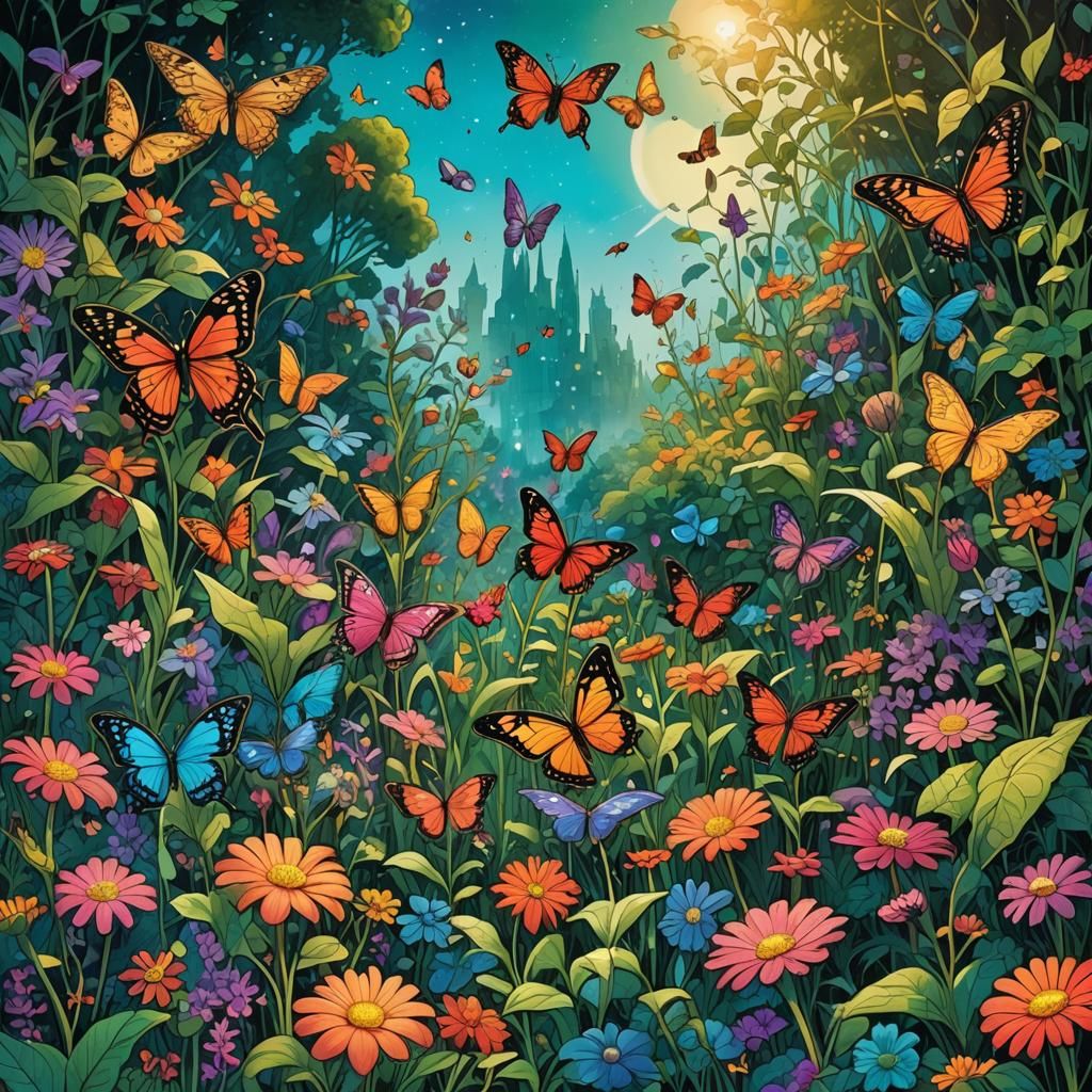 Enchanting Garden Scene in Graphic Novel Style