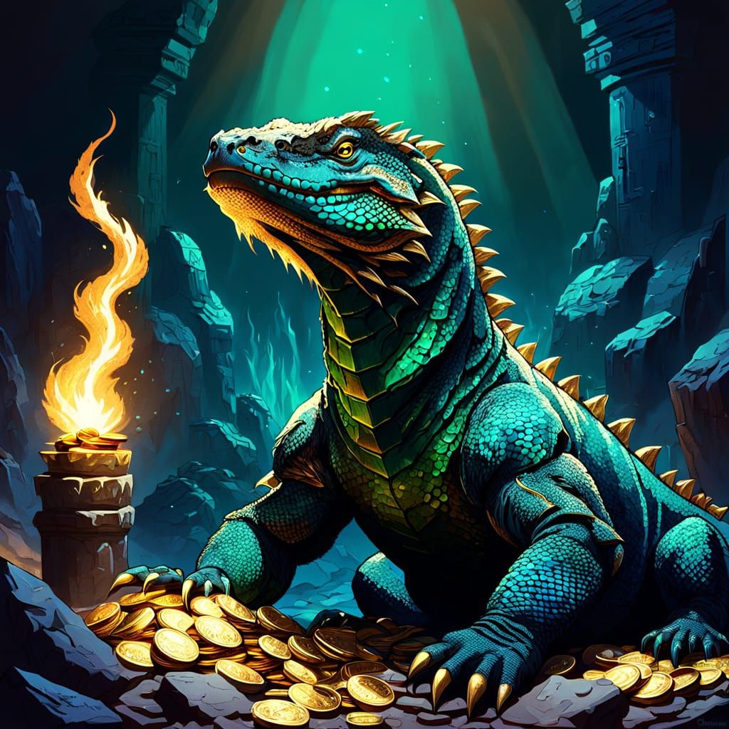 Komodo Dragon King on Gold Coins, Fantasy Art