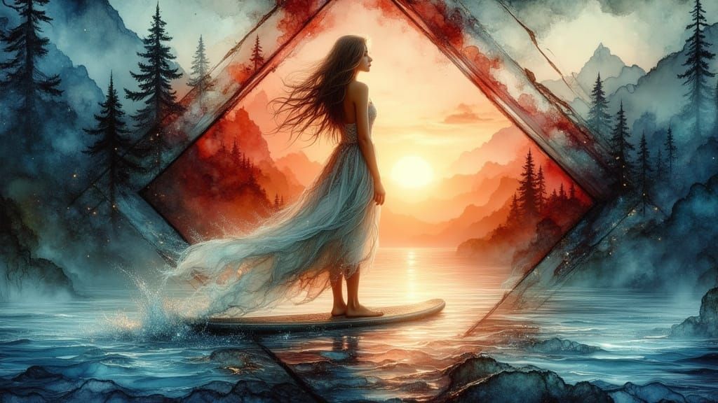 Woman on Paddleboard at Sunset: Double Exposure Watercolor