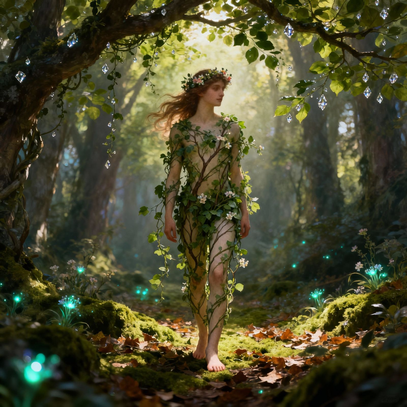 Figure Merged with Nature in Enchanted Forest