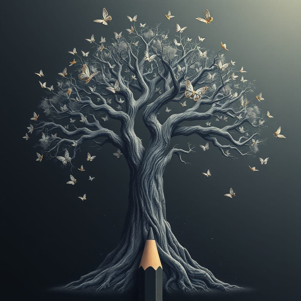 Magical Tree of Graphite and Butterflies