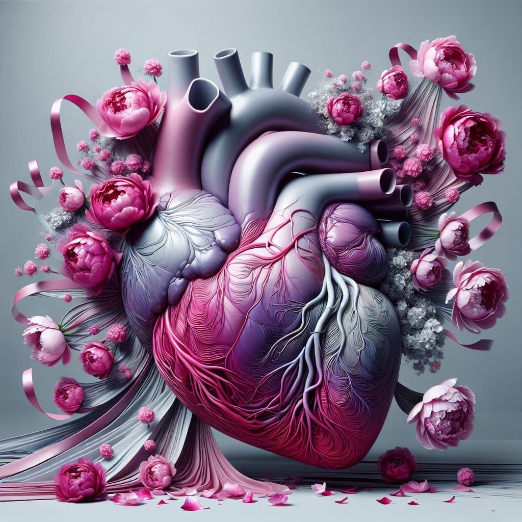 Human Heart Art with Peonies and Ribbons